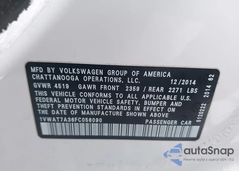 2015 Volkswagen Passat 1.8T Wolfsburg Edition из США, поврежденный, VIN 1VWAT7A36FC056090